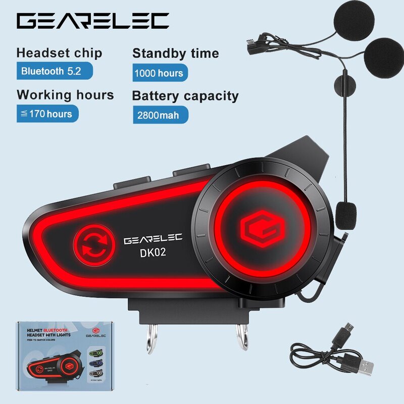 GEARELEC DK02 zestaw słuchawkowy do kasku motocyklowego stereo Bluetooth zestaw głośnomówiący IPX7 wodoodporny 2800mAh z trójkolorowym światłem otoczenia