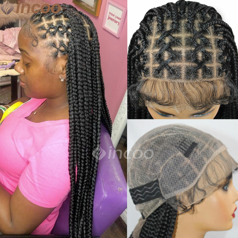 36-дюймовые полные искусственные плетеные парики, перекрещивающиеся косички, передние парики на сетке для черных женщин, без узлов, искусственные передние парики на сетке