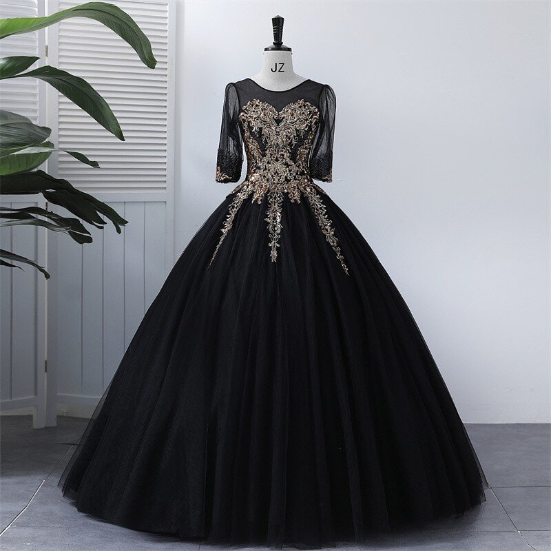 Ashley Gloria Black Party Dress Classic Quinceanera Dresses Elegant Long Sleeve Ball Gown Plus Size Prom Gown For Girls