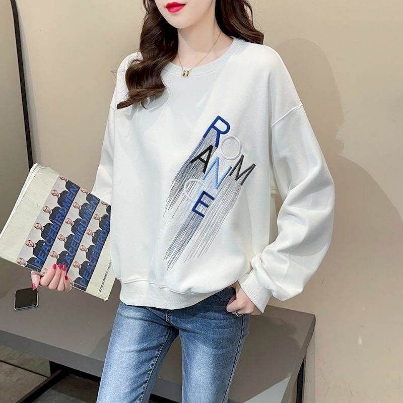 Haftowane swetry damskie bluzy z okrągłym dekoltem Casual luźna cienka Top 2023 jesień nowy koreański styl moda na wszystkie mecze sweter