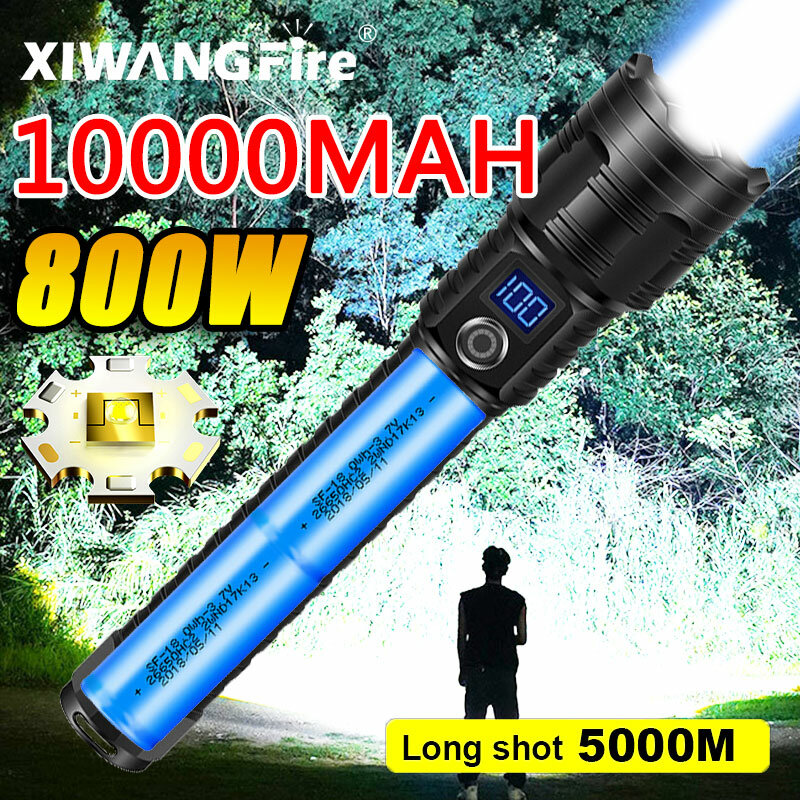 Ультрамощный фонарик 10000 мАч, яркие фонарики с аккумулятором типа C, Внешний тактический фонарь 2000 м