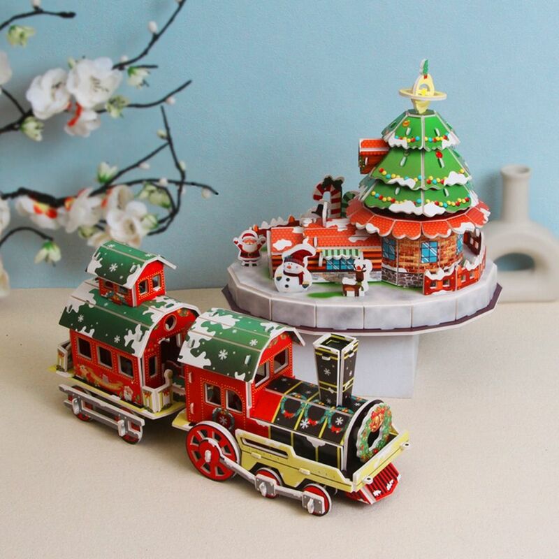 Rumah Natal Natal 3D Puzzle kereta pohon Natal kartu kertas Jigsaw DIY buatan tangan Model anak-anak mainan edukasi Dini