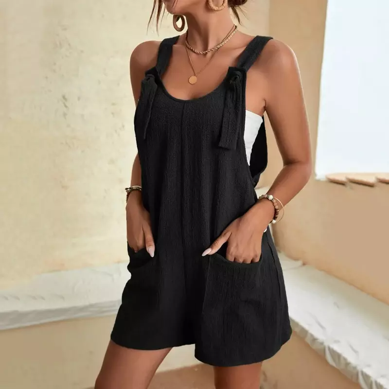 2024 Summer Women's Jumpsuit Overalls Short Loose Sleeveless Wide Leg Overall Solid Casual Daily Basic Romper with Pockets