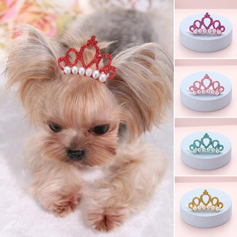 Pinzas para el pelo con forma de corona de perlas de imitación para mascotas, horquillas para cachorros, accesorios de aseo, decoración para perros y gatos pequeños