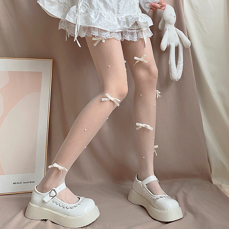 ピンクベルベットのリボンパール刺繍入りボディストッキングパンティホース 3Dセクシータイツパンティホース 甘い女の子用ナイロンタイツ 日本風ロリータスタイル