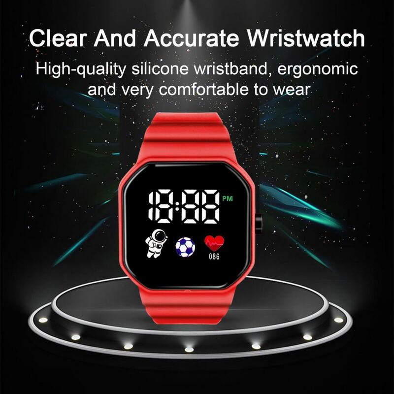 Student LED Watch Square Dial Legible Button Type Adjustable Wrist Silicone Strap Unisex Lightweight Children Wristwatch Mira