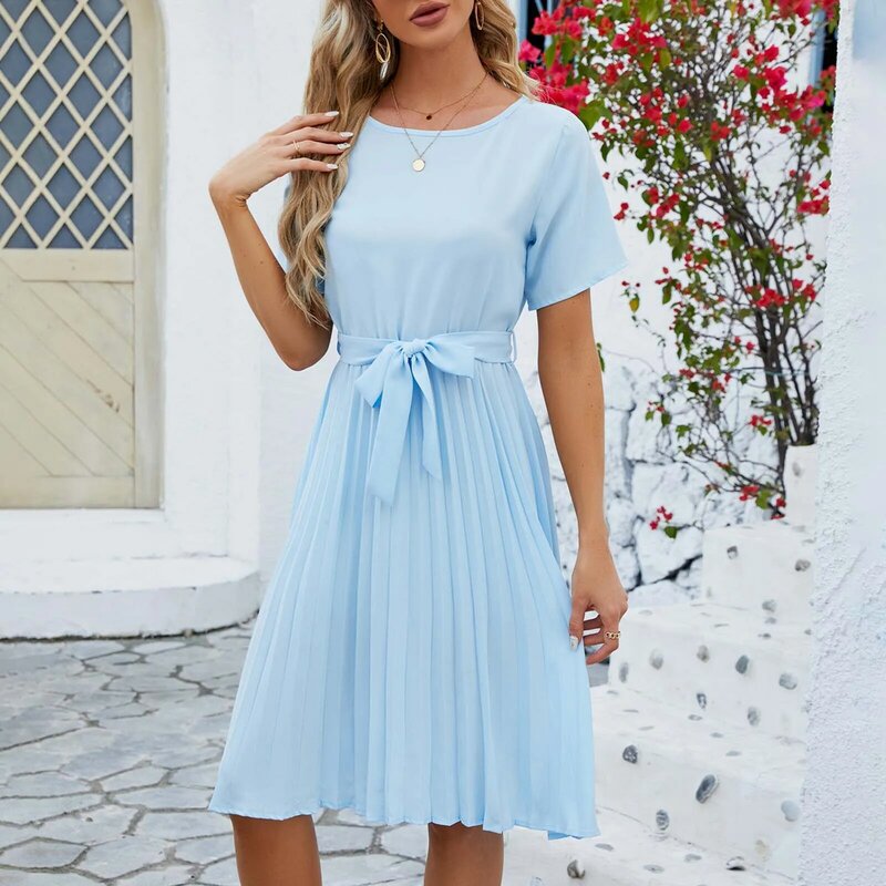 Ladies Bow Lace Up Dress Summer Women Casual O-Neck Short Sleeve Sloid Color Knee-Length Dress Female Fashion Pleated Dresses