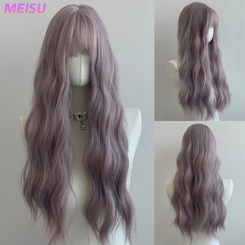 MEISU Water Curly Wave Wigs Air Bangs Grey Purple 22 Inch Fiber Synthetic Wigs Heat-resistant Natural Party or Selfie For Women