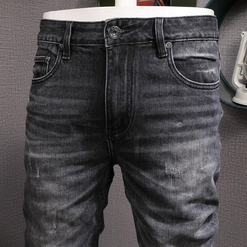 Italian Style Fashion Men Jeans High Quality Retro Black Gray Elastic Slim Ripped Jeans Men Vintage Designer Denim Pants Hombre