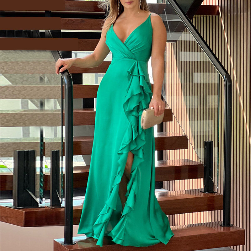 Europäische und amerikanische Damen bekleidung Sommer neues Produkt V-Ausschnitt hoch taillierte Rüschen kante unregelmäßig geschlitztes Kleid langer Rock