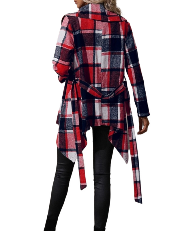Kurtki damskie 2023 zimowa nowa moda swobodna koronka wzór w kratkę wiązana detal asymetryczny płaszcz Temperament dojeżdżający do pracy