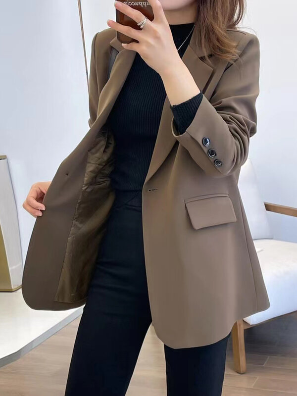 Korean Suit Top 2024 Spring High-End Street-Grabbing Loose Casual Versatile Khaki Slit Suit Jacket for Women Trendy High Quality