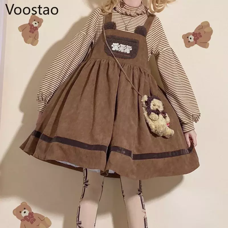 Jesienno-zimowa dziewczęca w stylu Vintage słodka Lolita Jsk damska sukienka z misiem pluszowa kieszeń luźna sztruksowa pasiaste sukienki imprezowa
