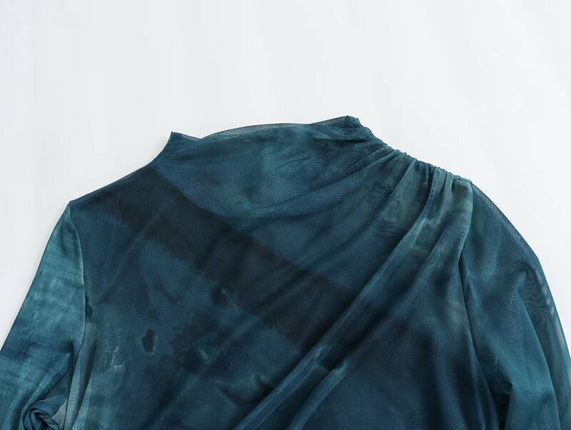 여성용 플리츠 디자인 얇은 명주 그물 프린트 슬림 니트 미디 원피스, 빈티지 긴팔 여성 드레스, 세련된 패션, 2023 신상