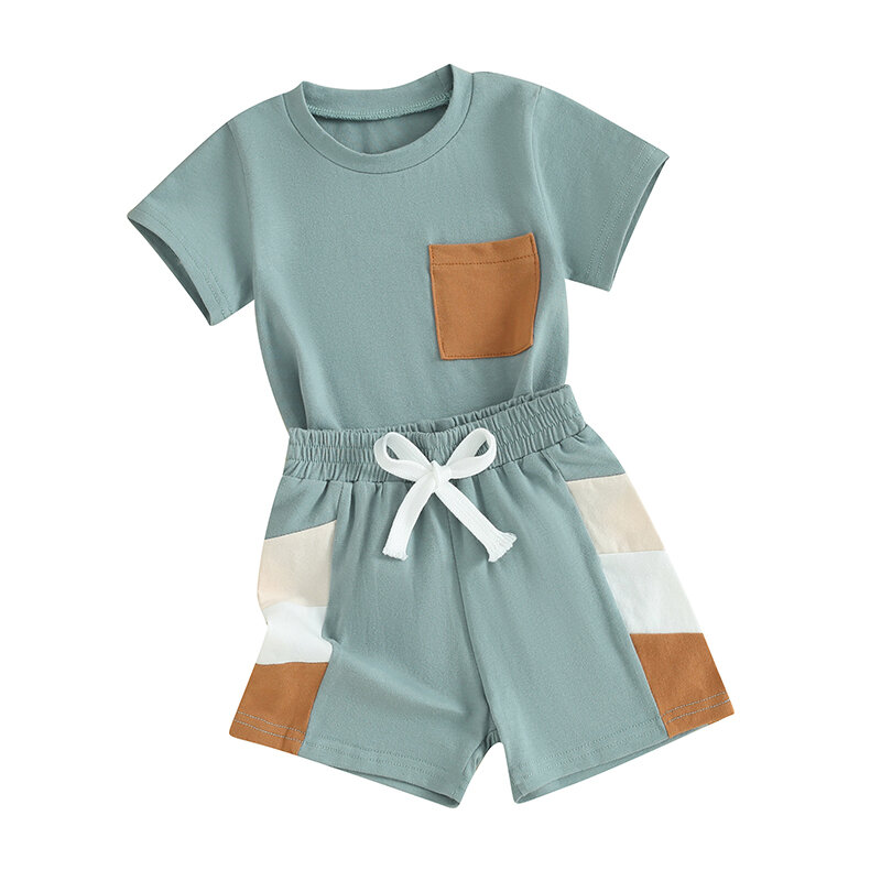 Летняя одежда для маленьких мальчиков Шахматная рубашка с принтом в стиле пэчворк Топы с коротким рукавом с эластичным поясом комплект с шортами для бега