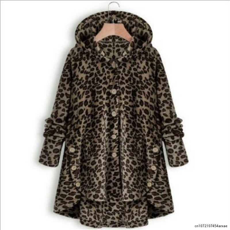 Casaco de leopardo feminino com capuz de pele sintética, jaqueta manga comprida, bolsos, casacos femininos, outwalk, pano quente, inverno