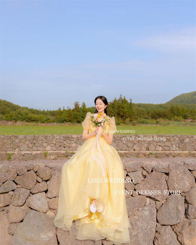 Lism gelbe Organza Korea Hochzeits feier Kleider quadratischen Kragen eine Linie Puff kurze ärmellose Schnur Abendkleid Fotoshooting
