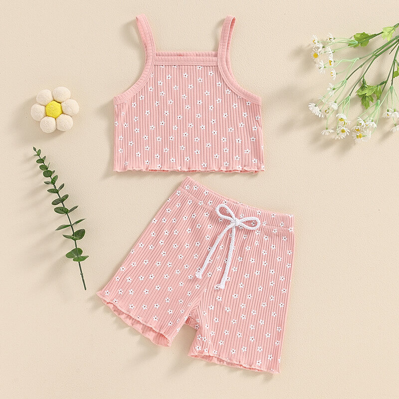VISgogo Baby Girl Summer Outfits Cute Floral Print Sleeveless Cami Tops + Elastic Waist Shorts Set Infant 2Pcs Clothes