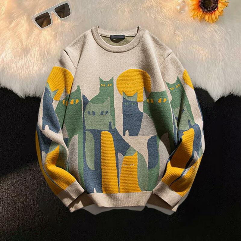 Crew Neck Pullover Sweater Cozy Cat Print Sweater for Men Thick Knitted Warm Pullover with Round Neck Unisex Mid for Winter