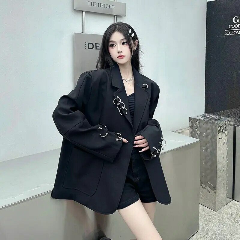 Jaqueta preta solta para mulheres, blazers de moda, roupas novas, outono e inverno, 2024