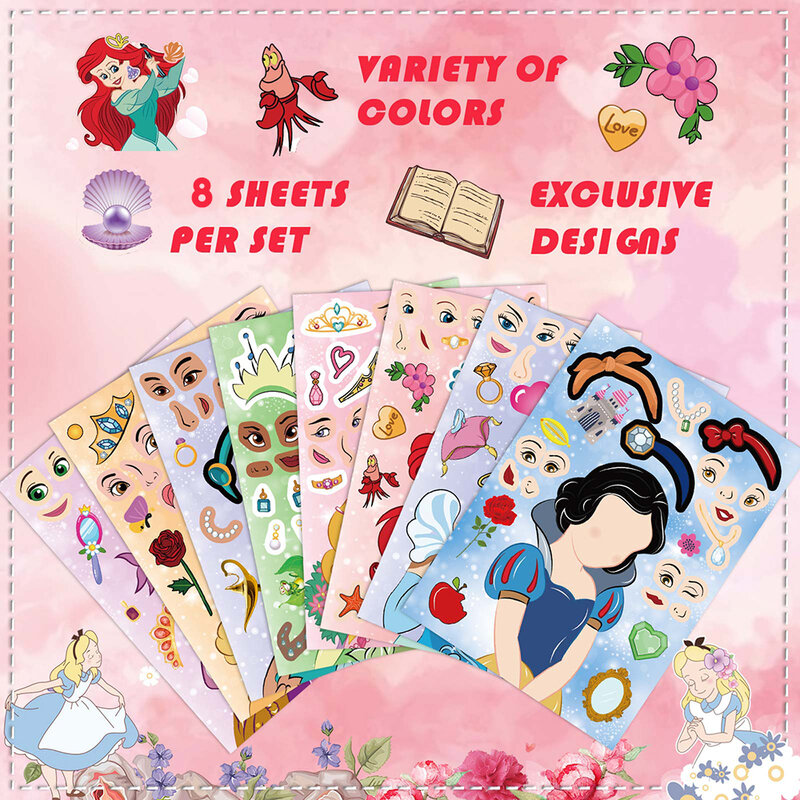 Disney Princess Puzzle Stickers para crianças, quebra-cabeças de montagem DIY, brinquedos educativos, favores de festa para meninas, make-a-face, 8 folhas, 16 folhas