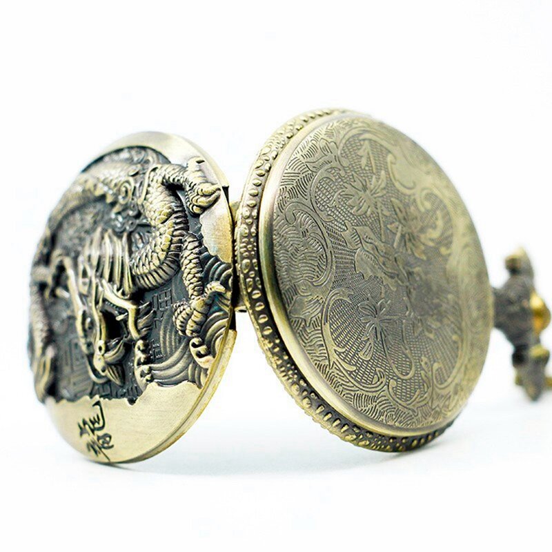 Reloj de bolsillo grande de bronce en relieve de estilo chino, nostálgico, Retro, dragón grande, 4 unidades