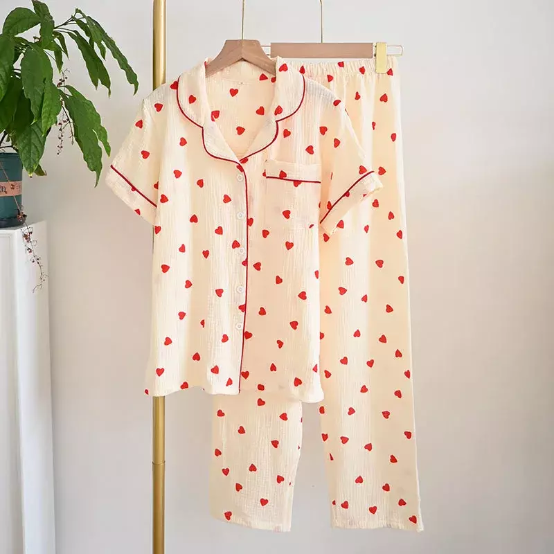 Conjunto de pijama con estampado de corazón pequeño para mujer, de 2 piezas ropa de dormir, 100% algodón, transpirable, traje fresco para el hogar, recién llegados