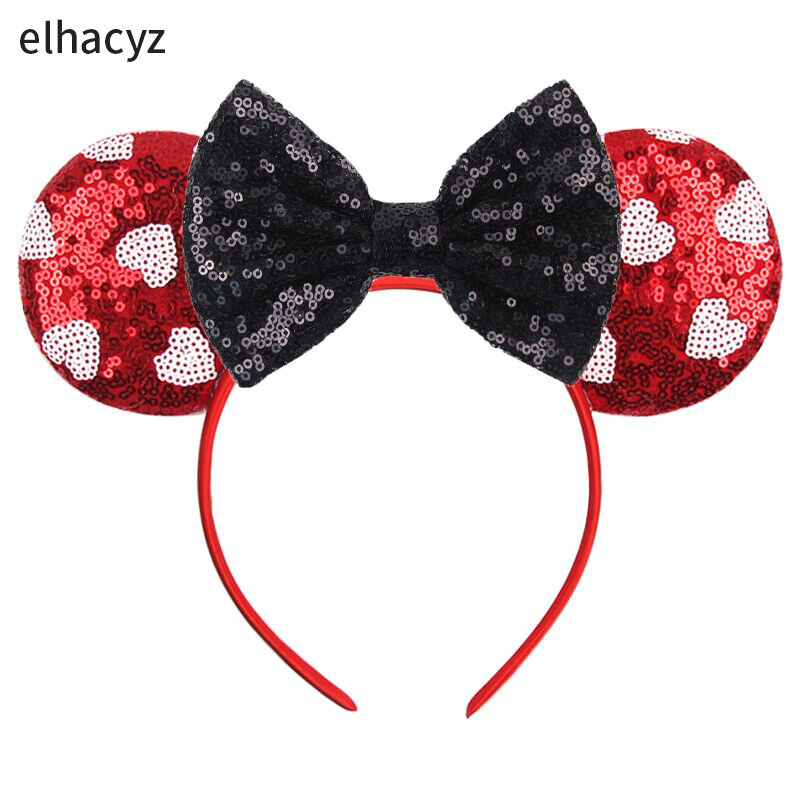 10Pcs Wholesale Valentine's Day Mouse Ears Headband Red Hearts Festival Party Hairband Women Girls Sequin Bow Hair Accessories