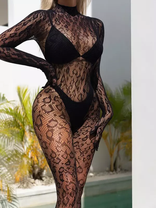 Sexy Lace See Through Bodysuit Long Sleeve Fishnet Jumpsuits Elastic Night Club Jump Suits for Women Sexy Pole Dancing Overalls
