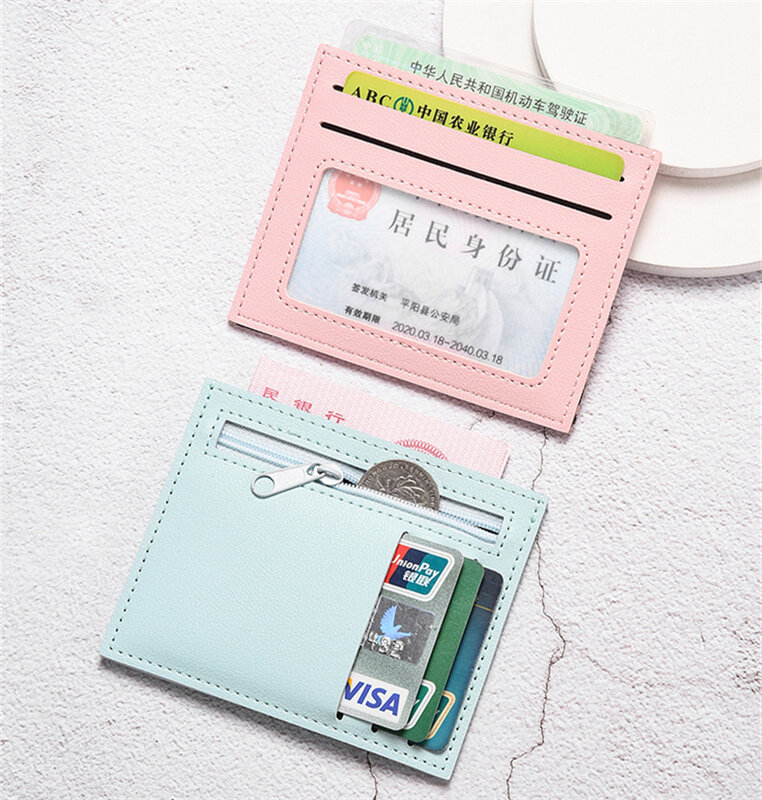 PU kulit pemegang kartu kredit Ultra tipis dompet koin ritsleting Mini untuk wanita penutup lisensi pengemudi casing kartu Bank bisnis ramping