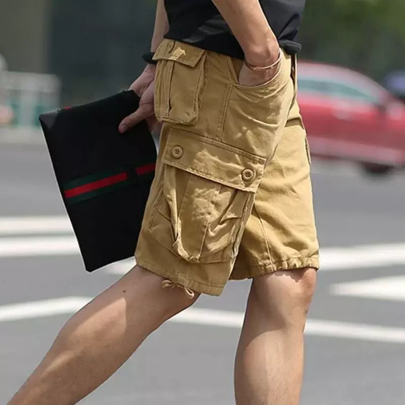 Bermudy krótkie spodnie męskie solidne męskie szorty Cargo guziki Khaki Vintage bawełniane Harajuku luźna, workowata Jogger szerokie darmowa wysyłka