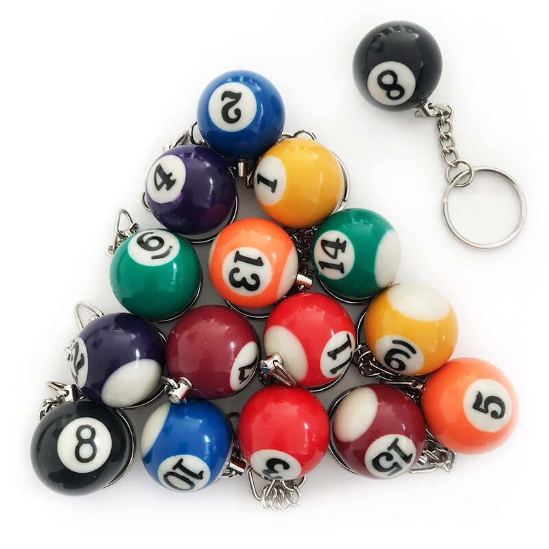 Gantungan Kunci Bola Biliar Warna-warni Set 16 Buah, Gantungan Kunci Sihir Mini Bola Delapan Bola Billar Aksesoris Rantai Biliar