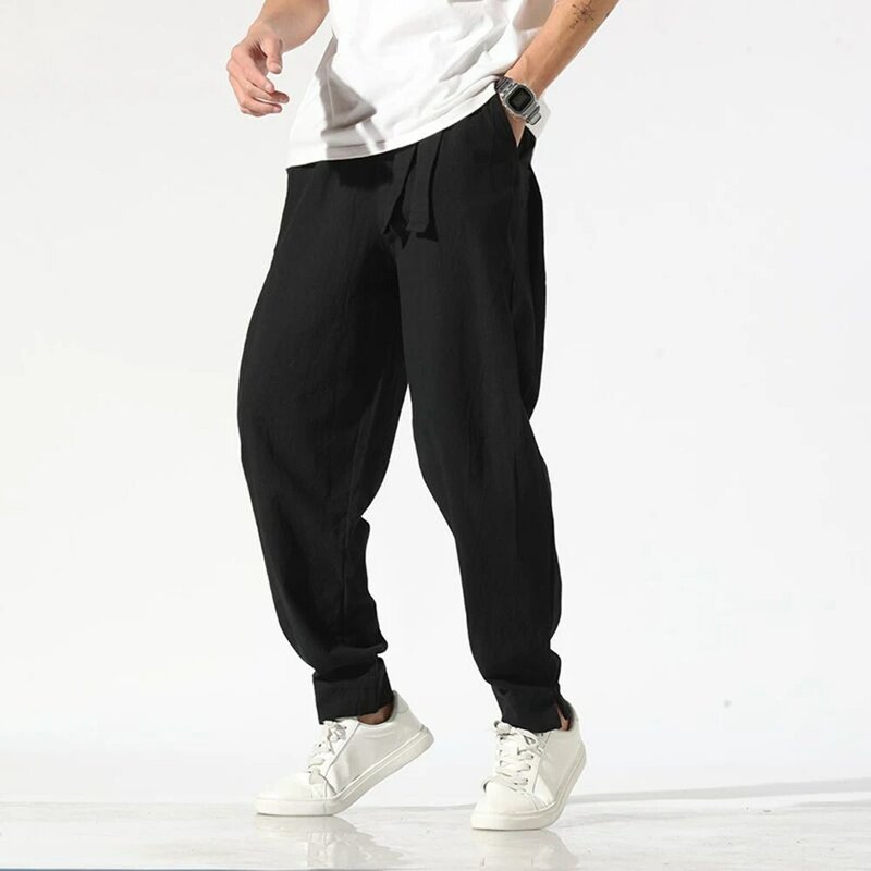 Men Cotton Linen Jogger Harem Pants Plus Size Men Loose Solid Casual Elastic Waist Ribbon Hip Hop Sports Comfortable Breathable