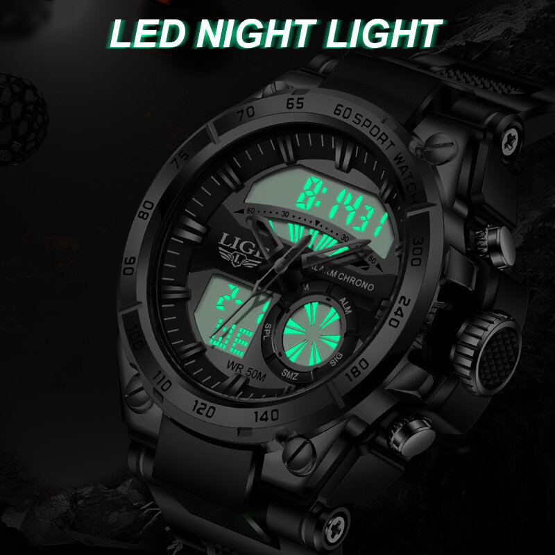 LIGE-reloj analógico de cuarzo para hombre, accesorio de pulsera resistente al agua 50M con doble pantalla, complemento Masculino deportivo de marca de lujo con diseño militar y alarma