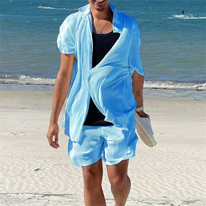 남성용 반팔 셔츠 및 반바지 세트, 세트 캐주얼 블루 비치 의상, 2 피스 골지 스트리트웨어, 2024 신제품