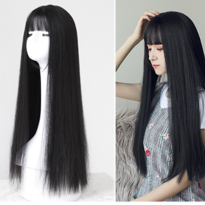 70 см длинный черный прямой парик с челкой для женщин термостойкий модный элегантный синтетический парик для ежедневной фотосессии и Косплея