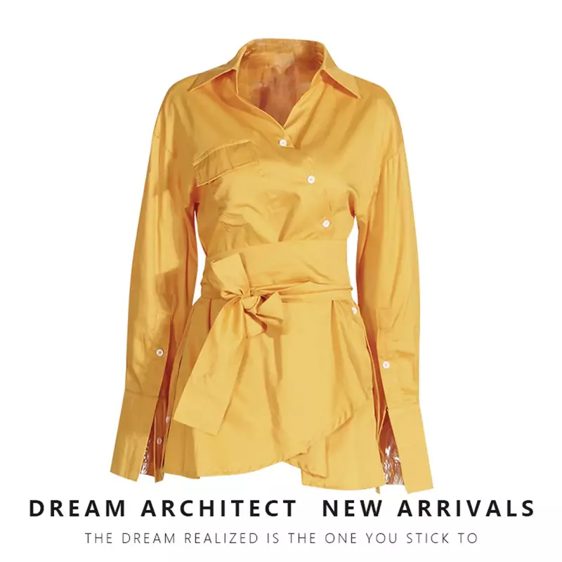 女性用長袖ジャケット,黄色,ベルト付きシャツ,仕事用ウェア,コート,女性用,1個