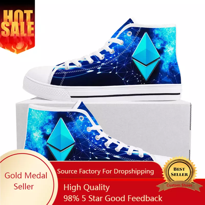Ethereum-Zapatillas deportivas de lona para hombre y mujer, zapatos informales personalizados, criptomoneda Miner ETH Coin High Top
