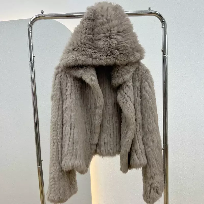 女性のうさぎの毛皮のフード付きコート,本物の動物の毛皮のジャケット,長くて自然な冬のファッション