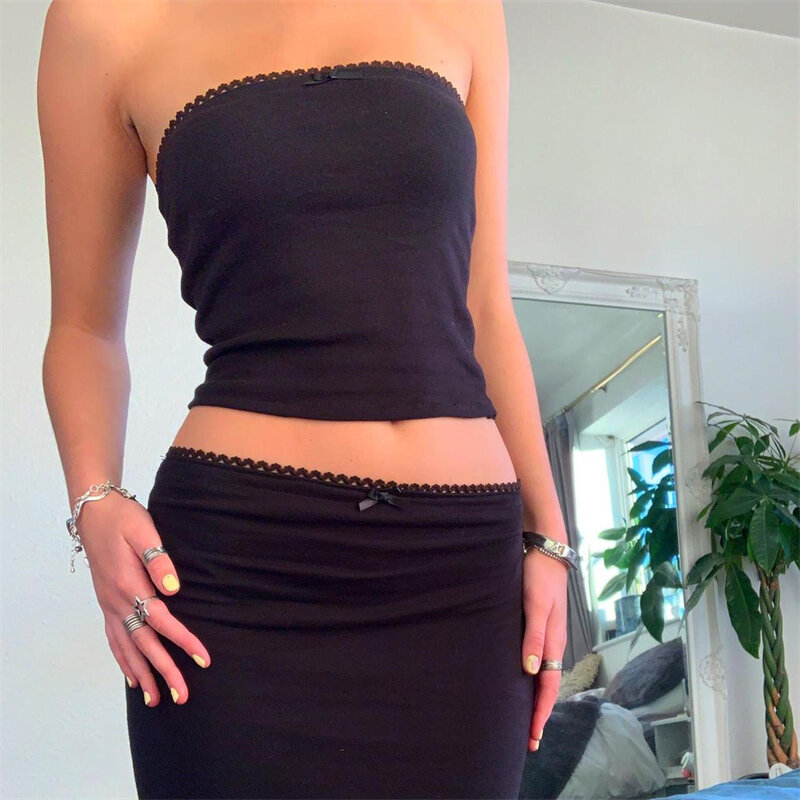 Женский винтажный комплект из 2 предметов, длинная юбка на тонких бретельках, укороченная Макси-юбка миди на бретельках, пляжная одежда Y2k