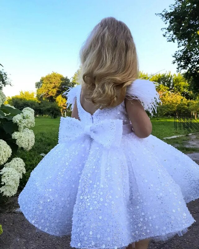 3-9 Years White Tulle Girl Dress Sequined Bows Children's First Communion Ball Gown Wedding Party Bridesmaid Dress Kids Princess