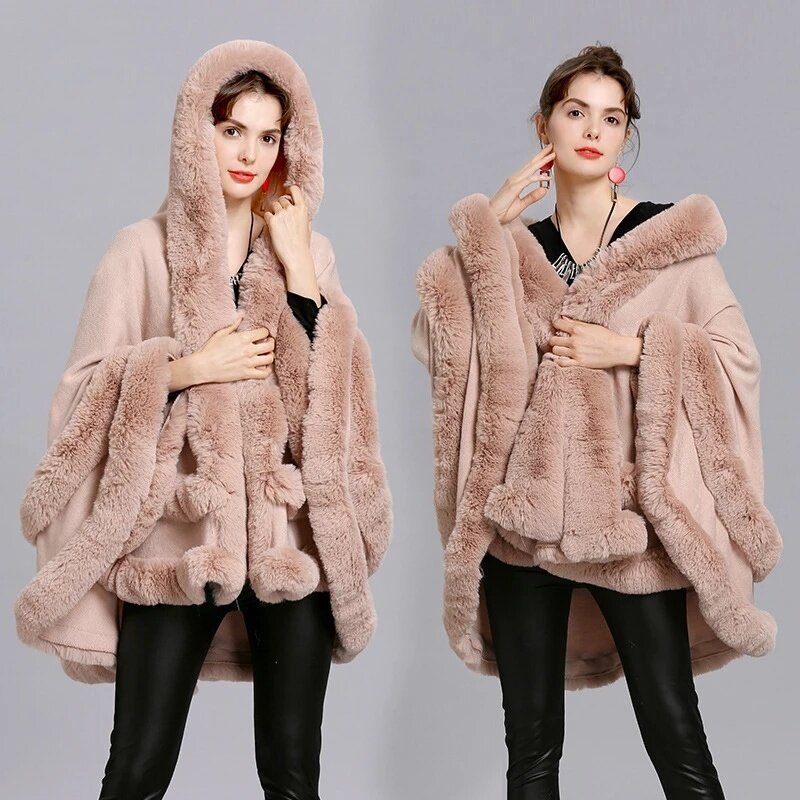 Women Two Layer Fur Poncho With Hat Faux Fox Fur Cape Big Pendulum Dovetail Cardigan Winter Shawl Warm Thick Coat