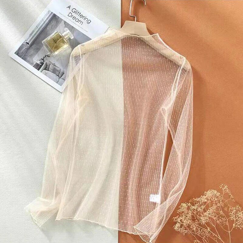 Atasan jaring Lengan Panjang kaus transparan tembus pandang untuk wanita seksi pakaian dalam tabir surya tipis kaus Pullover sifon atasan pendek