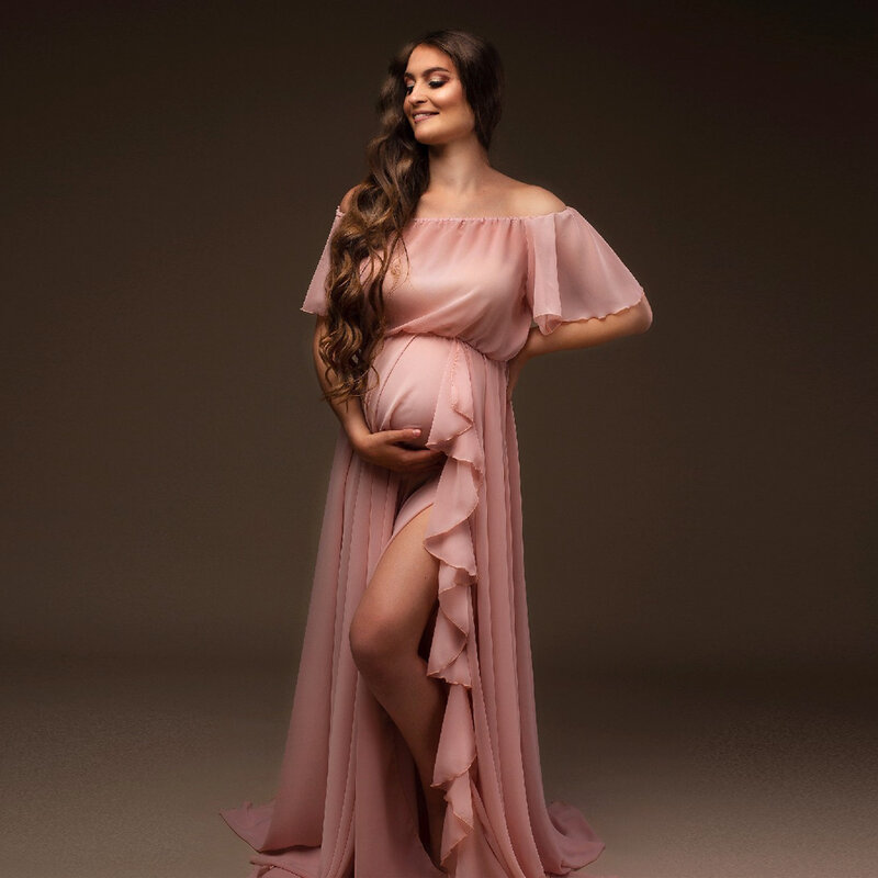 Sukienka ciążowa na sesja zdjęciowa ramię rękaw z falbankami szyfonowa sukienka Baby Shower odzież wakacyjna fotografia Studio odzież