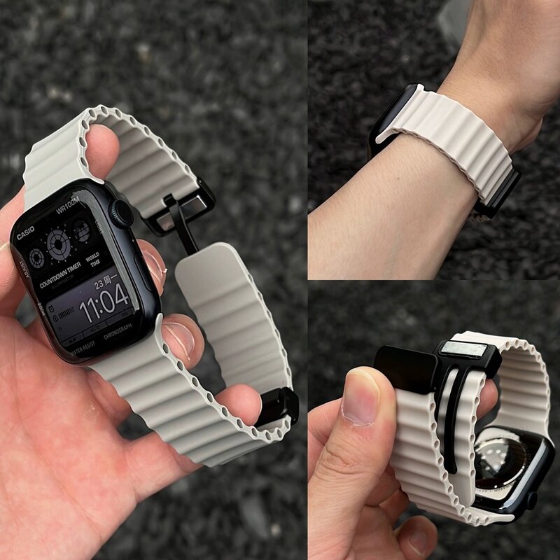 Tali gesper magnetik untuk Apple Watch, tali silikon Ultra 2 49mm 45mm 44mm 40mm 41mm 38 42mm seri iWatch 7 6 3 se 8 9