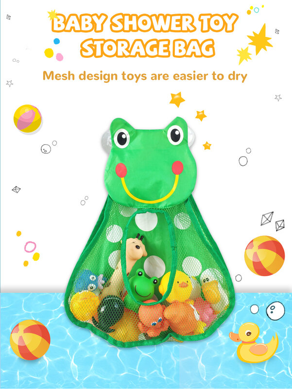 おもちゃの収納バッグ,ベビーバスアイテム,かわいいカエルのメッシュネット,おもちゃの収納バッグ,強力な吸盤,入浴ゲーム