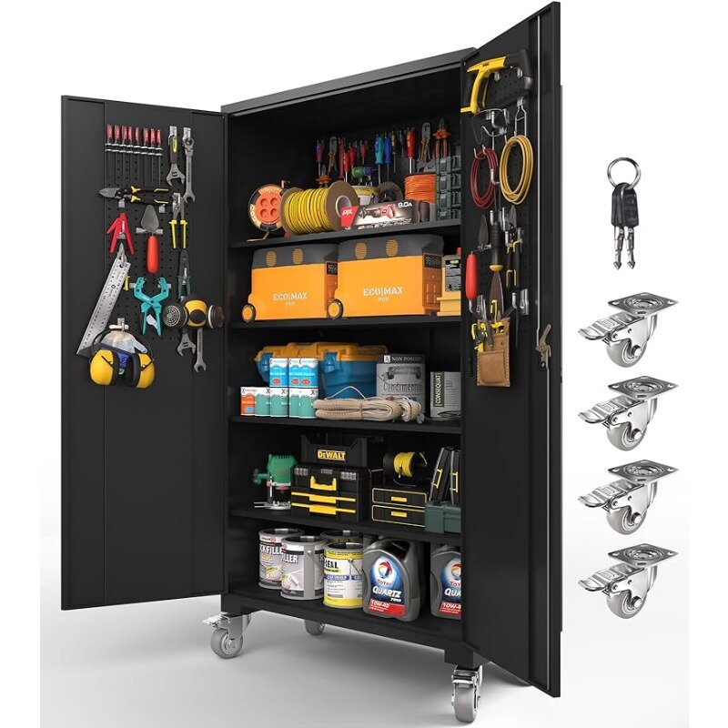 Tall & Wide Metal Storage Cabinet with Doors&4 Adjustable Shelves| Heavy-Duty Black Lockable Garage Cabinet with Wheels&Pegboard