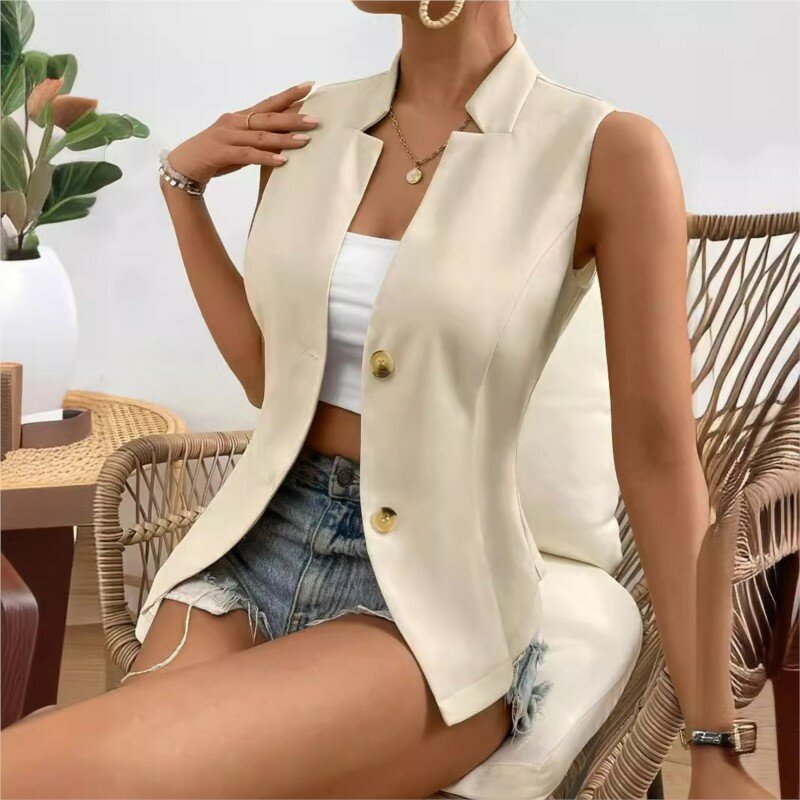Fashion Office Ladies Vest Jackets For Women 2024 Elegant Outerwears New Single Breasted V-neck Sleeveless Office Jacket Coats