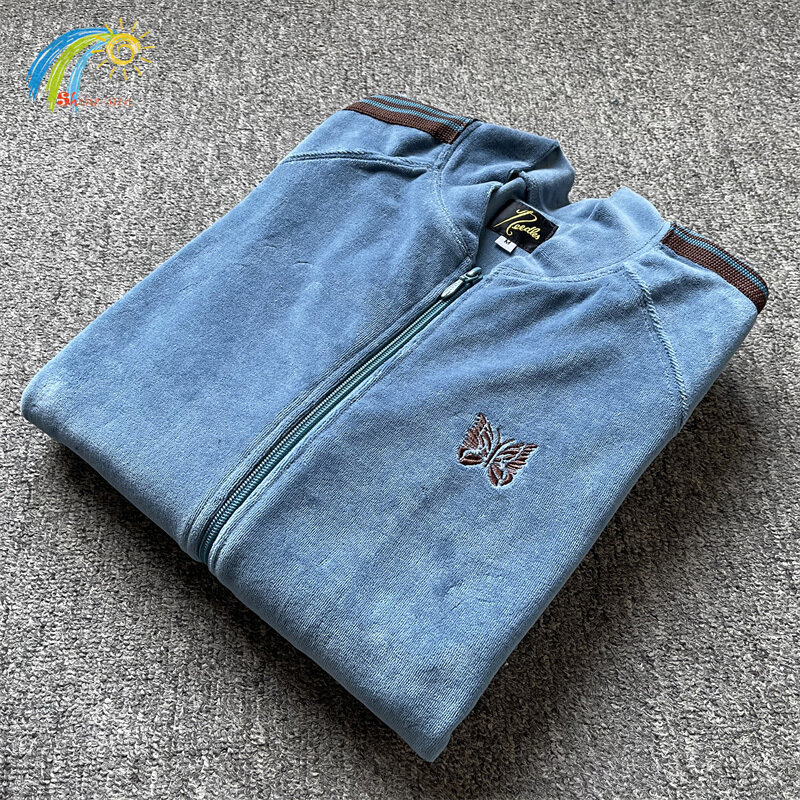 Jaket AWGE jarum garis biru Khaki jaket Pria Wanita pakaian luar beludru kualitas terbaik mantel ritsleting jarum bordir kupu-kupu