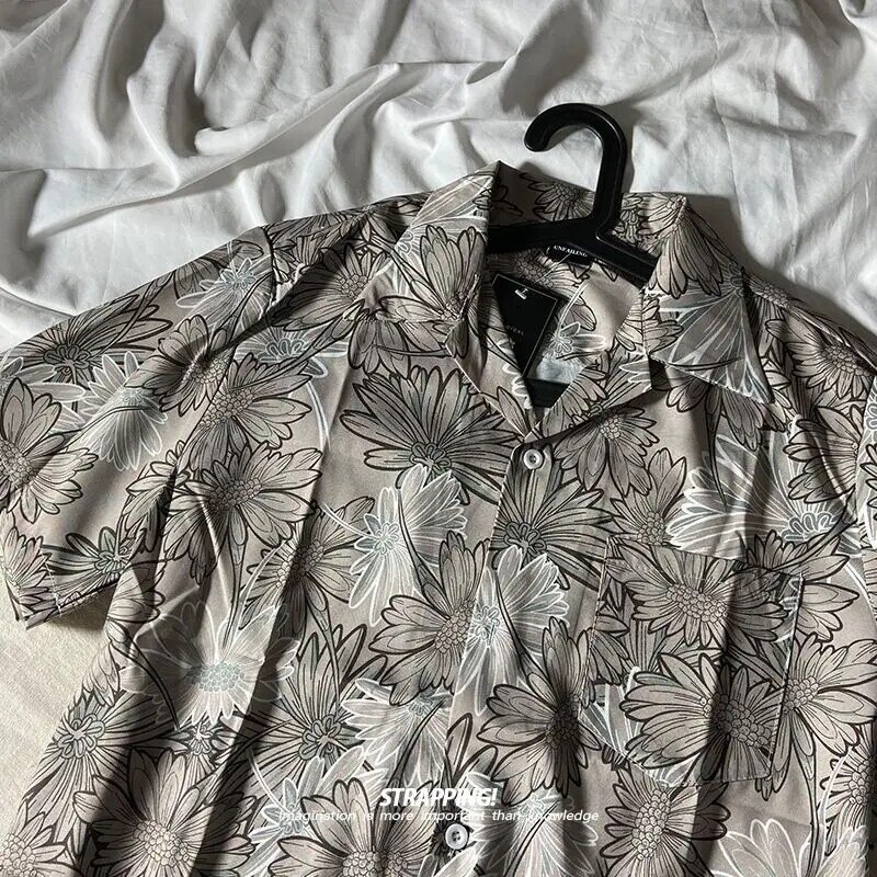 Свободная парная рубашка большого размера в стиле хип-хоп с коротким рукавом и цветочным принтом в японском Ретро гонконгском стиле для мужчин и женщин, красивая гавайская рубашка